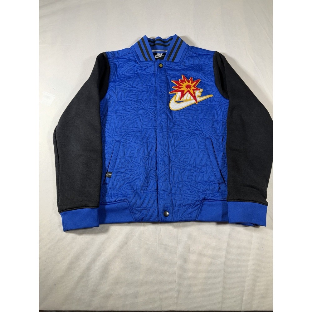 Nike Boys Blue Black Varsity Jacket Boom Logo Pockets Vintage Button Up Medium